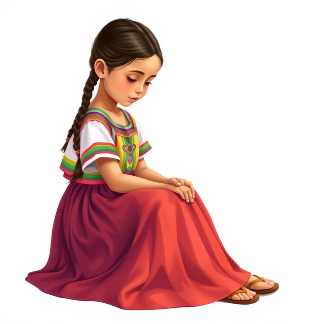 Illustration of a young girl sitting facing forward while looking down, with a realistic face in a full body view