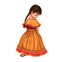 Illustration of a young girl sitting facing forward while looking down, with a realistic face in a full body view