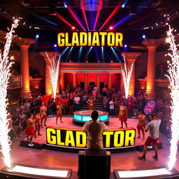 A high-energy game show titled "Gladiator", set in a modern arena filled with vibrant lights and an enthusiastic crowd