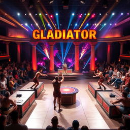 A high-energy game show titled "Gladiator", set in a modern arena filled with vibrant lights and an enthusiastic crowd