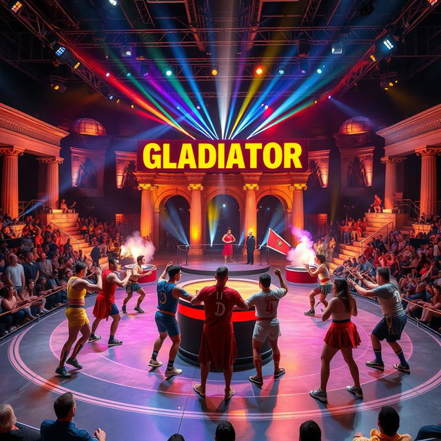 A high-energy game show titled "Gladiator", set in a modern arena filled with vibrant lights and an enthusiastic crowd