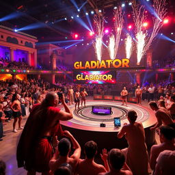 A high-energy game show titled "Gladiator", set in a modern arena filled with vibrant lights and an enthusiastic crowd