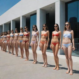 A long line of aspiring female models wrapping around a modern building's exterior, waiting for their chance to audition for a coveted swimwear contract, styled in fashion-forward outfits and carrying portfolios under clear skies.