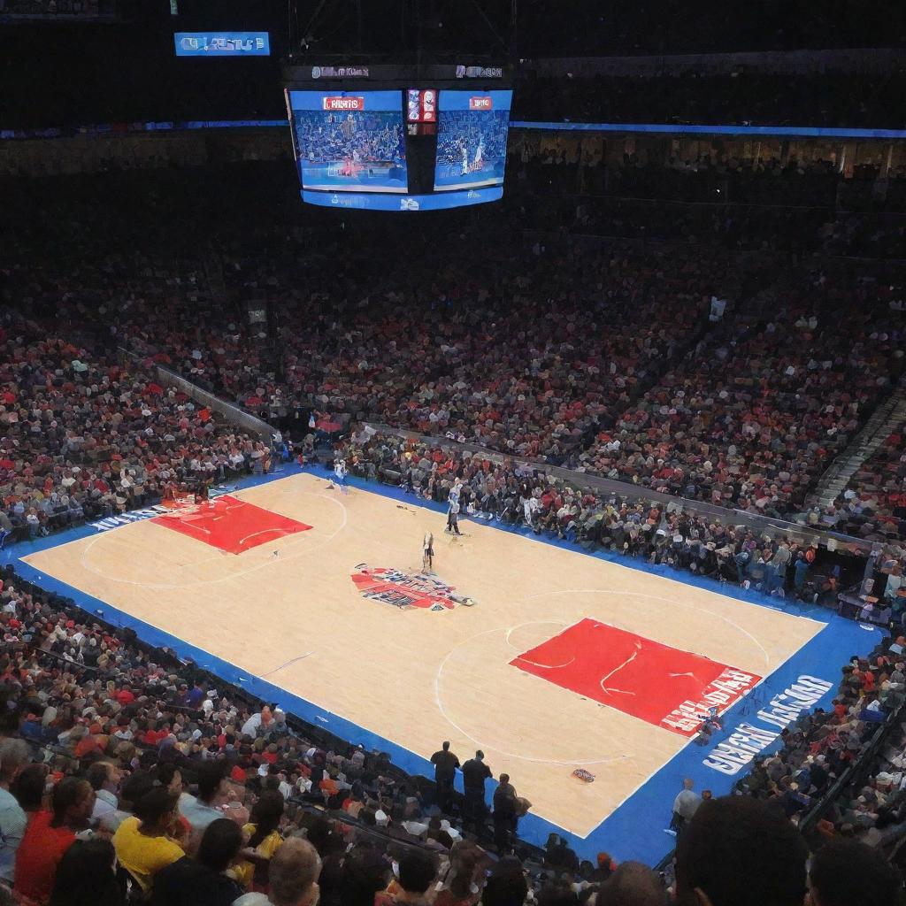 Courtside seats filled with excited fans at the opening game of a brand new NBA franchise. The buzzing crowd, shining hardwood court, players dribbling with a sense of anticipation, and the vivid team colors captivating the arena.