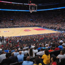 Courtside seats filled with excited fans at the opening game of a brand new NBA franchise. The buzzing crowd, shining hardwood court, players dribbling with a sense of anticipation, and the vivid team colors captivating the arena.