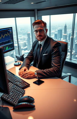 An elite trader sitting at a sleek, modern desk covered with advanced trading gadgets and screens displaying fluctuating stock graphs and market data