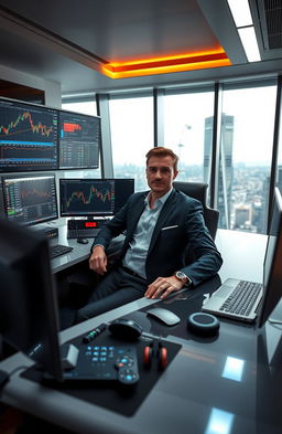 An elite trader sitting at a sleek, modern desk covered with advanced trading gadgets and screens displaying fluctuating stock graphs and market data