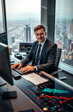 An elite trader sitting at a sleek, modern desk covered with advanced trading gadgets and screens displaying fluctuating stock graphs and market data