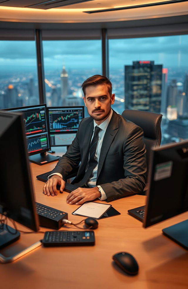 An elite trader sitting at a sleek, modern desk covered with advanced trading gadgets and screens displaying fluctuating stock graphs and market data