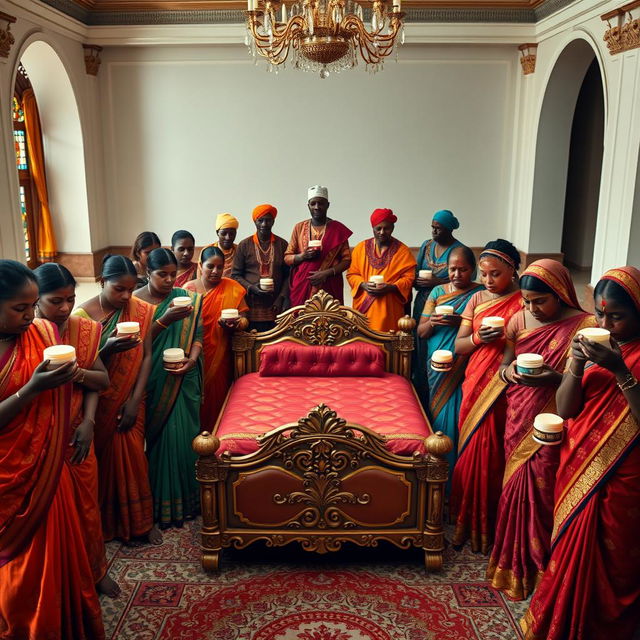 Ten sad dusky Indian women, each elegantly dressed in intricate sarees, hold containers of vaseline, conveying a deep sense of emotion