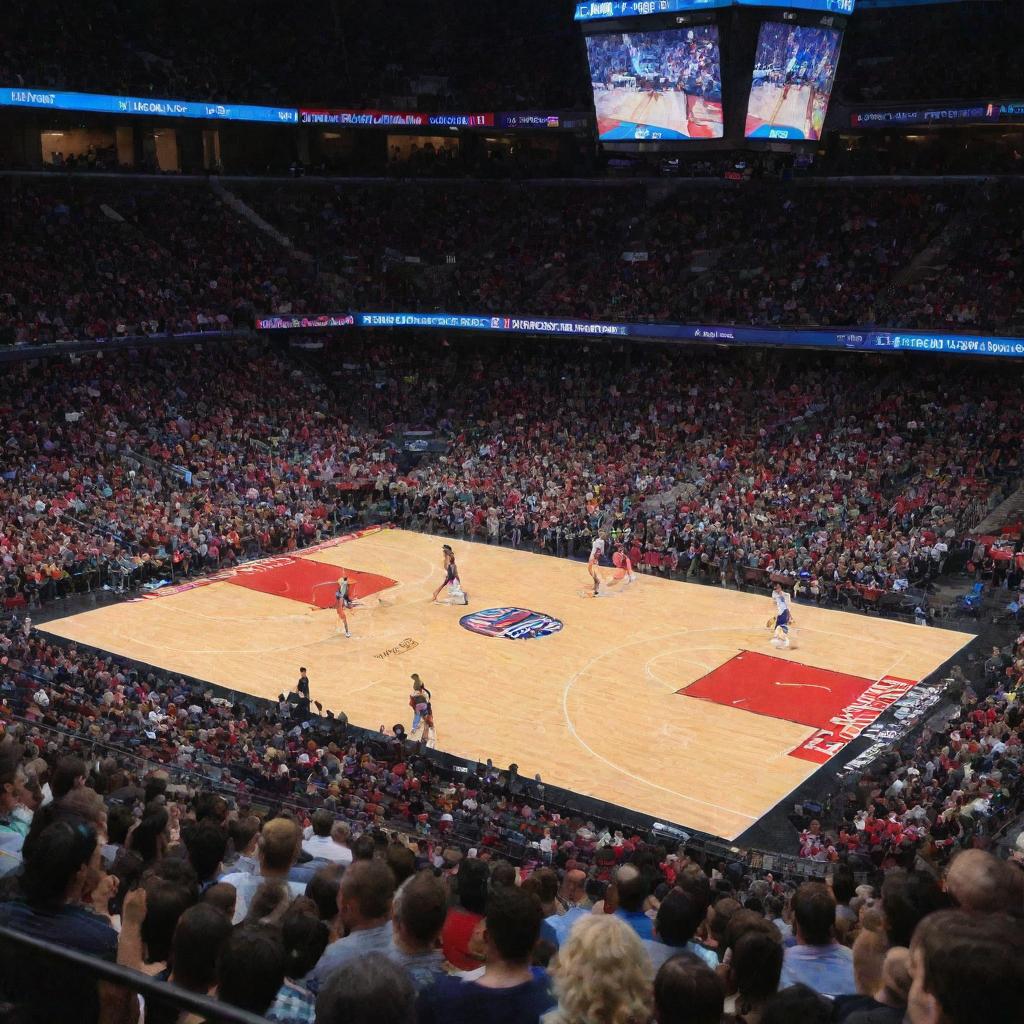 Courtside seats filled with excited fans at the opening game of a brand new NBA franchise. The buzzing crowd, shining hardwood court, players dribbling with a sense of anticipation, and the vivid team colors captivating the arena.