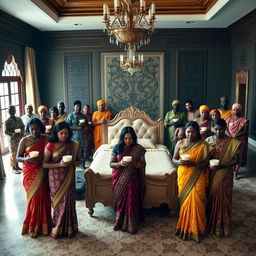 Ten sad dusky Indian women, each elegantly dressed in intricate sarees, hold containers of vaseline, conveying a deep sense of emotion