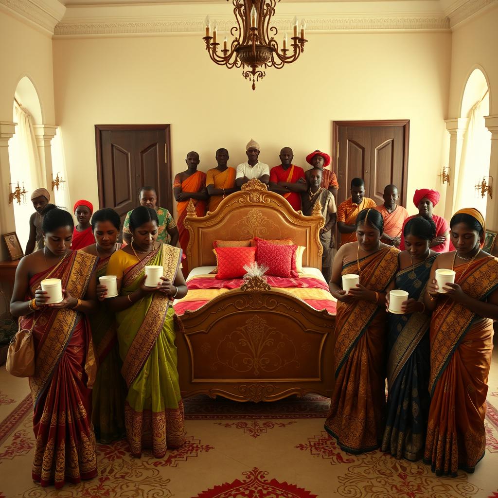 Ten sad dusky Indian women, each elegantly dressed in intricate sarees, hold containers of vaseline, conveying a deep sense of emotion