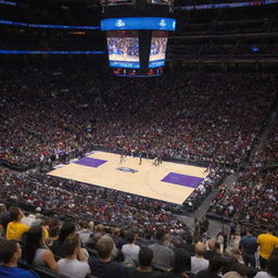 Courtside seats filled with excited fans at the opening game of a brand new NBA franchise. The buzzing crowd, shining hardwood court, players dribbling with a sense of anticipation, and the vivid team colors captivating the arena.