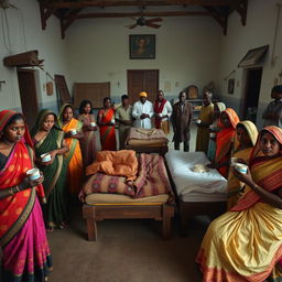 Ten sad dusky Indian women in colorful sarees, each holding a jar of Vaseline, gathered around three beds placed in the center of a spacious hall