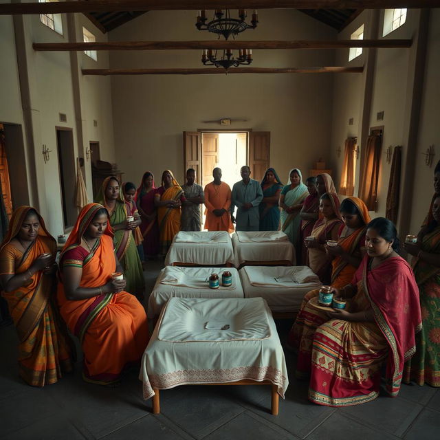 Ten sad dusky Indian women in colorful sarees, each holding a jar of Vaseline, gathered around three beds placed in the center of a spacious hall