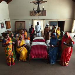 Ten sad dusky Indian women in colorful sarees, each holding a jar of Vaseline, gathered around three beds placed in the center of a spacious hall