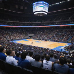 Courtside seats at the inaugural game of the Mexico City Vaqueros, a brand-new NBA franchise. Fans in Vaqueros colors, the Mexico City skyline visible in the backdrop, players in action, all under neon arena lights creating an electrifying atmosphere.