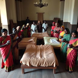 Ten sad dusky Indian women in colorful sarees, each holding a jar of Vaseline, gathered around three beds placed in the center of a spacious hall