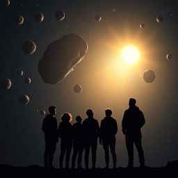 A captivating silhouette of five people standing together at the bottom of the image, gazing up into a starry night sky filled with dramatic asteroids and the radiant glow of the sun in the distance