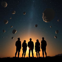 A captivating silhouette of five people standing together at the bottom of the image, gazing up into a starry night sky filled with dramatic asteroids and the radiant glow of the sun in the distance