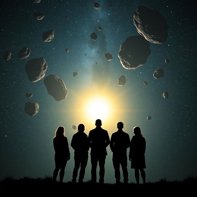 A captivating silhouette of five people standing together at the bottom of the image, gazing up into a starry night sky filled with dramatic asteroids and the radiant glow of the sun in the distance