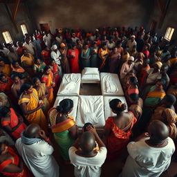 Ten sad dusky Indian women in colorful sarees, each holding a jar of Vaseline, gathered around three beds placed in the center of a spacious hall