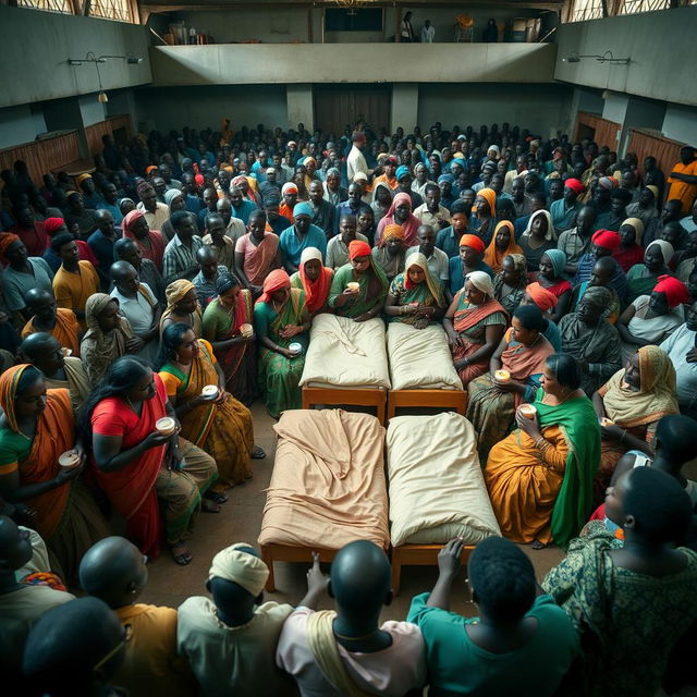 Ten sad dusky Indian women in colorful sarees, each holding a jar of Vaseline, gathered around three beds placed in the center of a spacious hall