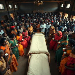 Ten sad dusky Indian women in colorful sarees, each holding a jar of Vaseline, gathered around three beds placed in the center of a spacious hall