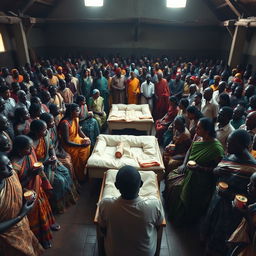 Ten sad dusky Indian women in colorful sarees, each holding a jar of Vaseline, gathered around three beds placed in the center of a spacious hall