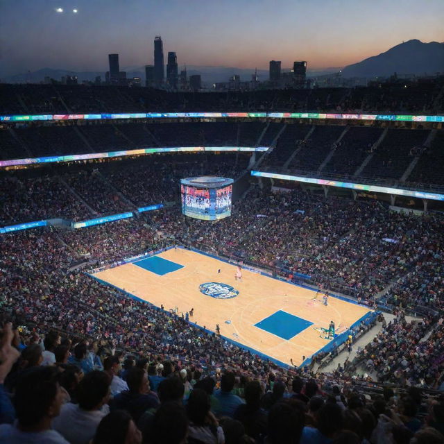 Courtside seats at the inaugural game of the Mexico City Vaqueros, a brand-new NBA franchise. Fans in Vaqueros colors, the Mexico City skyline visible in the backdrop, players in action, all under neon arena lights creating an electrifying atmosphere.