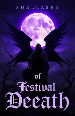 A hauntingly beautiful book cover for a fictional novel titled 'Festival of Death', featuring a large, glowing purple moon that illuminates the night sky with an ethereal glow