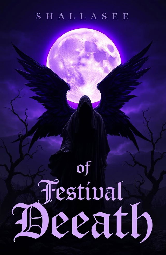 A hauntingly beautiful book cover for a fictional novel titled 'Festival of Death', featuring a large, glowing purple moon that illuminates the night sky with an ethereal glow