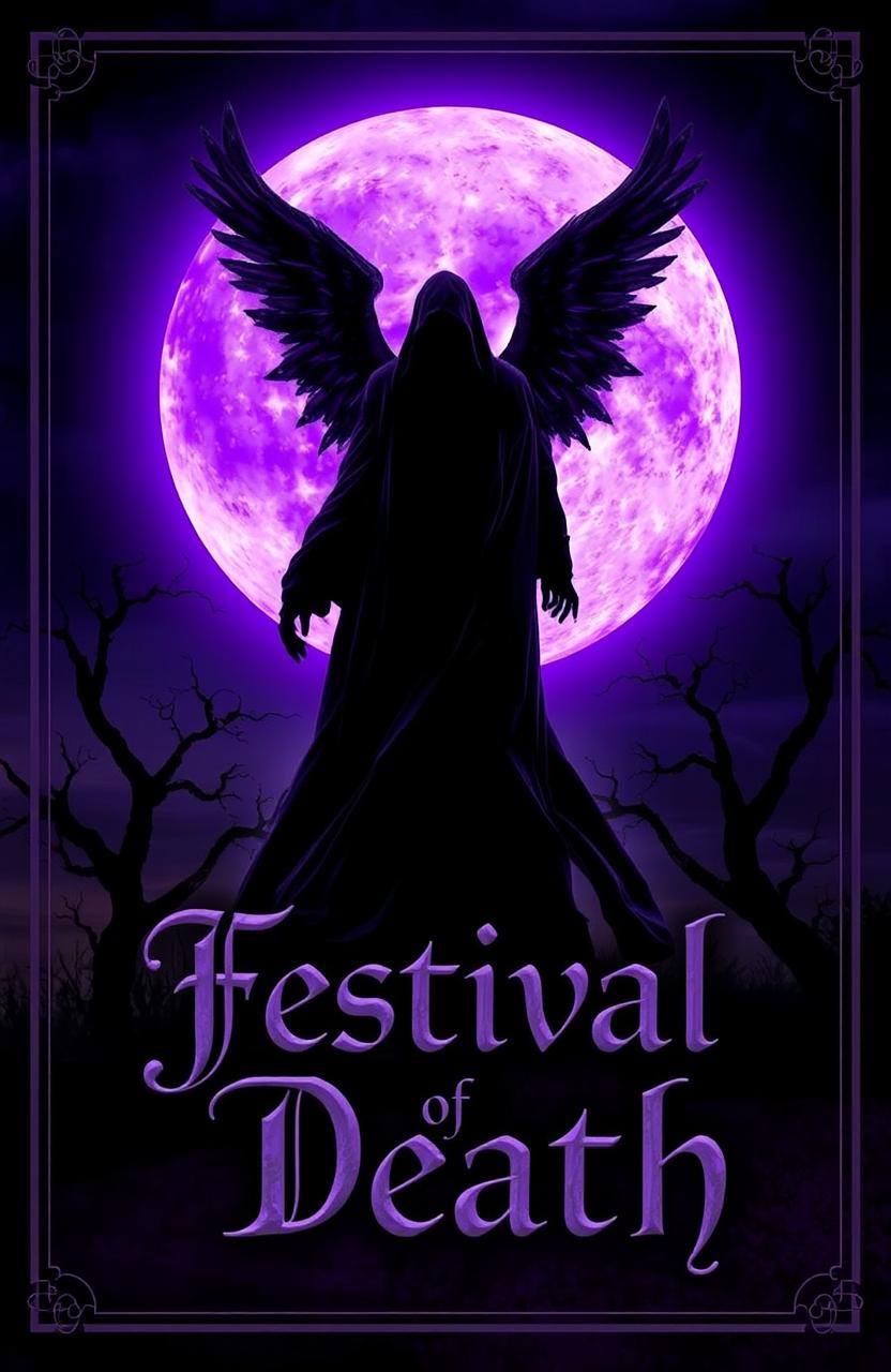 A hauntingly beautiful book cover for a fictional novel titled 'Festival of Death', featuring a large, glowing purple moon that illuminates the night sky with an ethereal glow