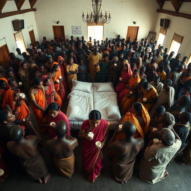 Ten sad dusky young Indian women in vibrant sarees, each holding a jar of Vaseline, gathered around three beds placed in the center of a large hall