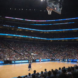 Courtside seats at the inaugural game of the Mexico City Vaqueros, a brand-new NBA franchise. Fans in Vaqueros colors, the Mexico City skyline visible in the backdrop, players in action, all under neon arena lights creating an electrifying atmosphere.