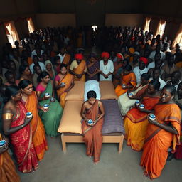 Ten sad dusky young Indian women in vibrant sarees, each holding a jar of Vaseline, gathered around three beds placed in the center of a large hall