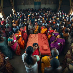 Ten sad dusky young Indian women in vibrant sarees, each holding a jar of Vaseline, gathered around three beds placed in the center of a large hall