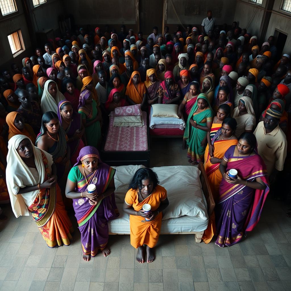 Ten sad dusky young Indian women in vibrant sarees, each holding a jar of Vaseline, gathered around three beds placed in the center of a large hall