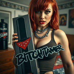 A close-up shot focusing on a sexy redhead female with a large chest wearing a tank top adorned with punk chains