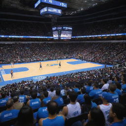 Courtside seats at the inaugural game of the Mexico City Vaqueros, a brand-new NBA franchise. Fans in Vaqueros colors, the Mexico City skyline visible in the backdrop, players in action, all under neon arena lights creating an electrifying atmosphere.