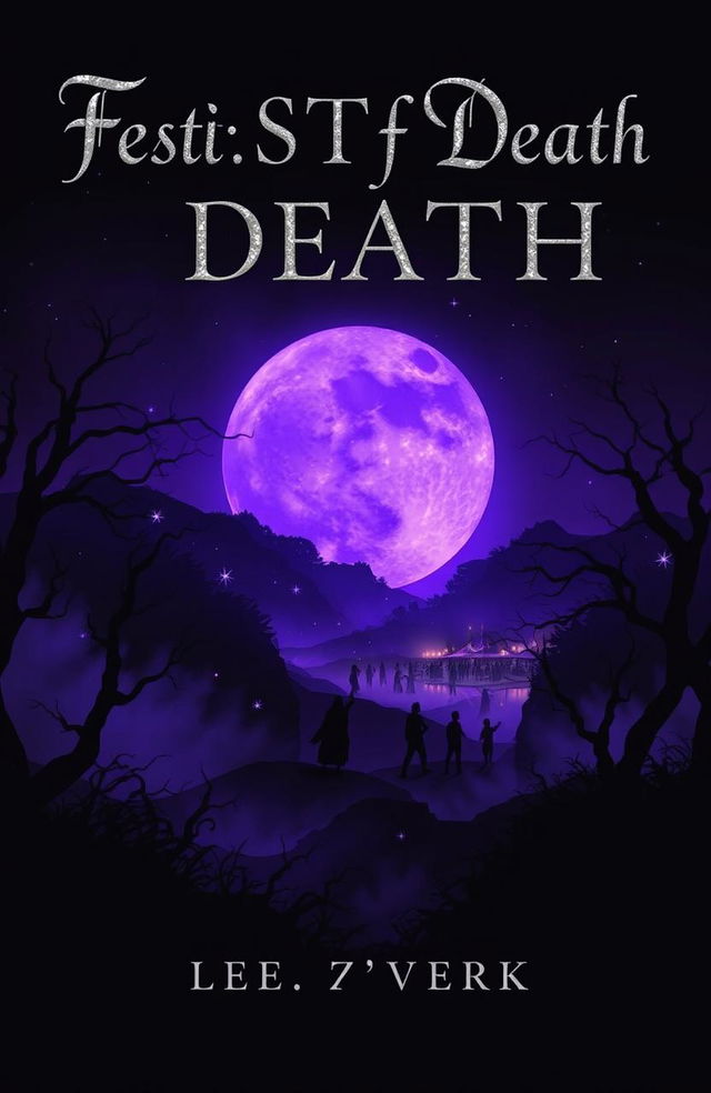 A hauntingly beautiful book cover for 'Festival of Death', featuring a large, glowing purple moon illuminating a dark, eerie landscape