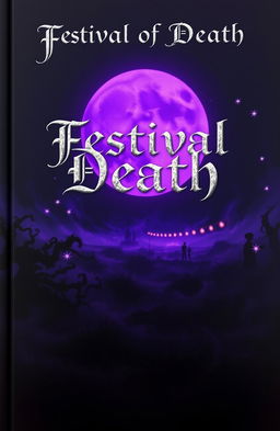 A hauntingly beautiful book cover for 'Festival of Death', featuring a large, glowing purple moon illuminating a dark, eerie landscape