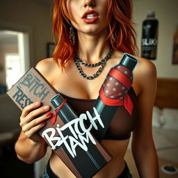 A close-up shot of a sexy female redhead, showcasing her torso and large chest in a fitted tank top, accentuated by punk chains