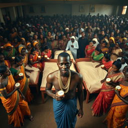 Ten sad dusky young Indian women in vibrant sarees, each holding a jar of Vaseline, gathered around three beds in the center of a large hall