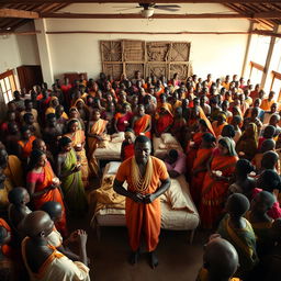 Ten sad dusky young Indian women in vibrant sarees, each holding a jar of Vaseline, gathered around three beds in the center of a large hall