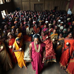 Ten sad dusky young Indian women in vibrant sarees, each holding a jar of Vaseline, gathered around three beds in the center of a large hall