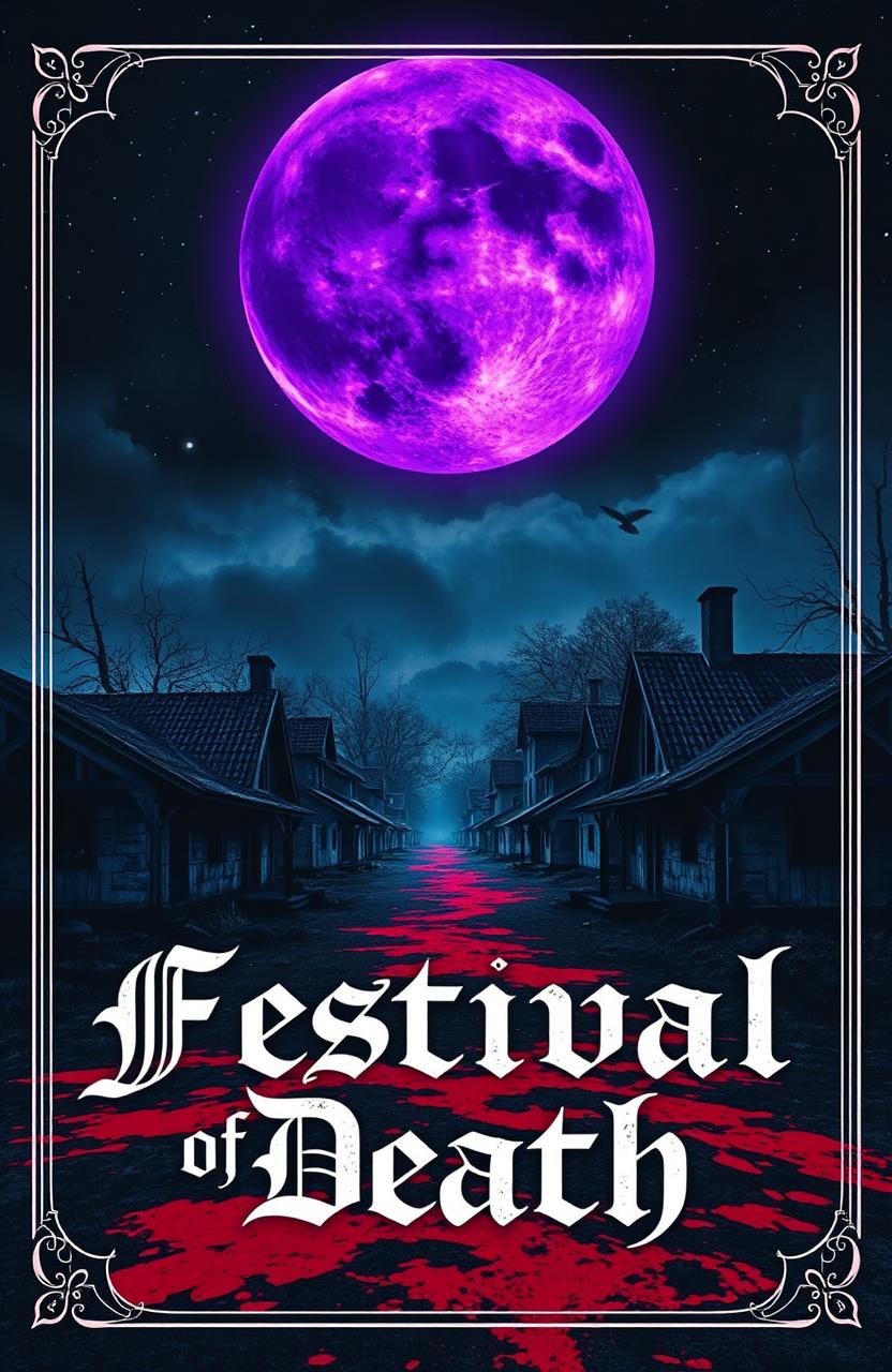 A haunting book cover for a title "Festival of Death", featuring a dark and ominous village scene at night