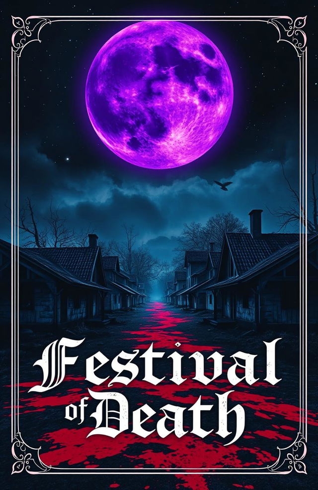 A haunting book cover for a title "Festival of Death", featuring a dark and ominous village scene at night