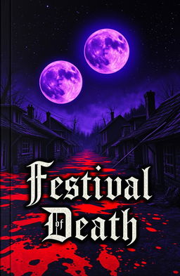 A haunting book cover for a title "Festival of Death", featuring a dark and ominous village scene at night